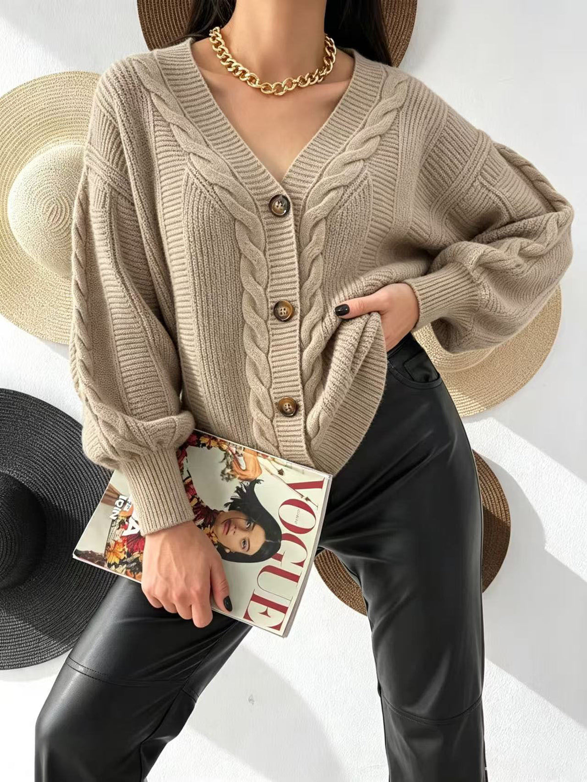 Oversized Cable Knit Cardigan for Women — Slouchy Drop Shoulder V Neck in Soft Wool
