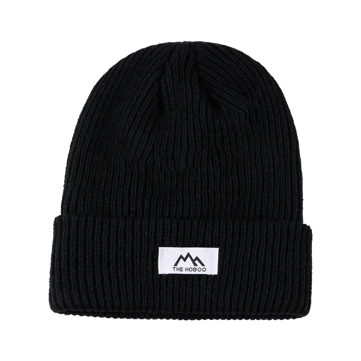 Black ribbed knit beanie with fold-up cuff and THE HOBOO logo patch