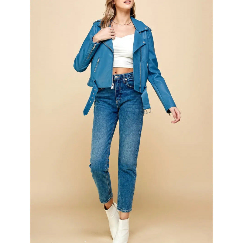 Women's short PU leather jacket in teal blue, zip-front with snap collar and belt detail