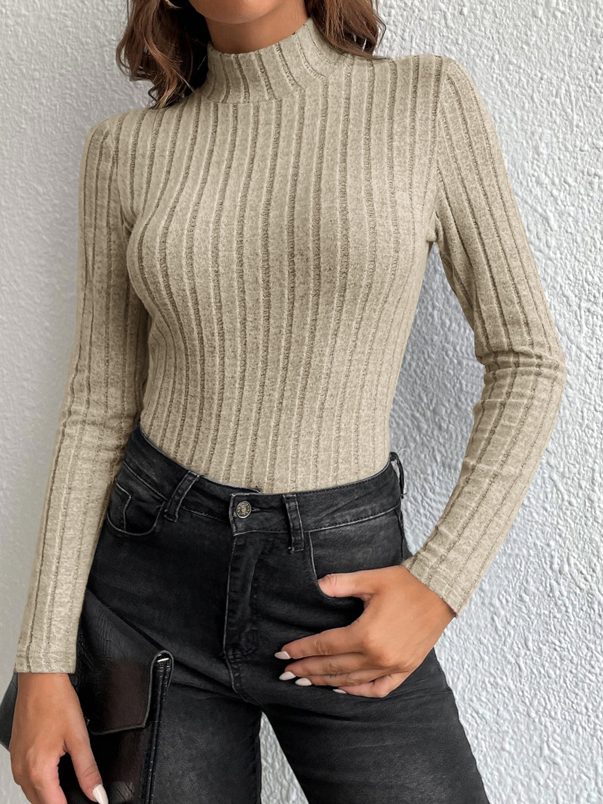 Khaki ribbed knit mock-neck long-sleeve fitted pullover sweater base shirt