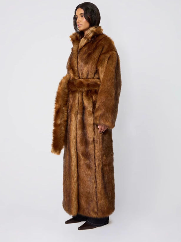 Dark brown faux fur long coat with hood and waist belt, side profile