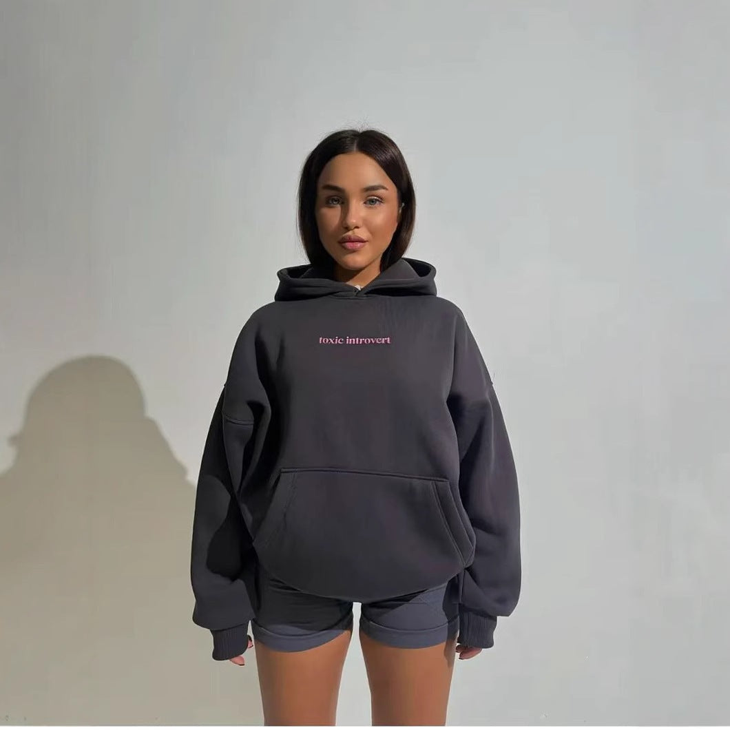 Women's dark gray fleece hooded sweatshirt with red chest letter print and kangaroo pocket