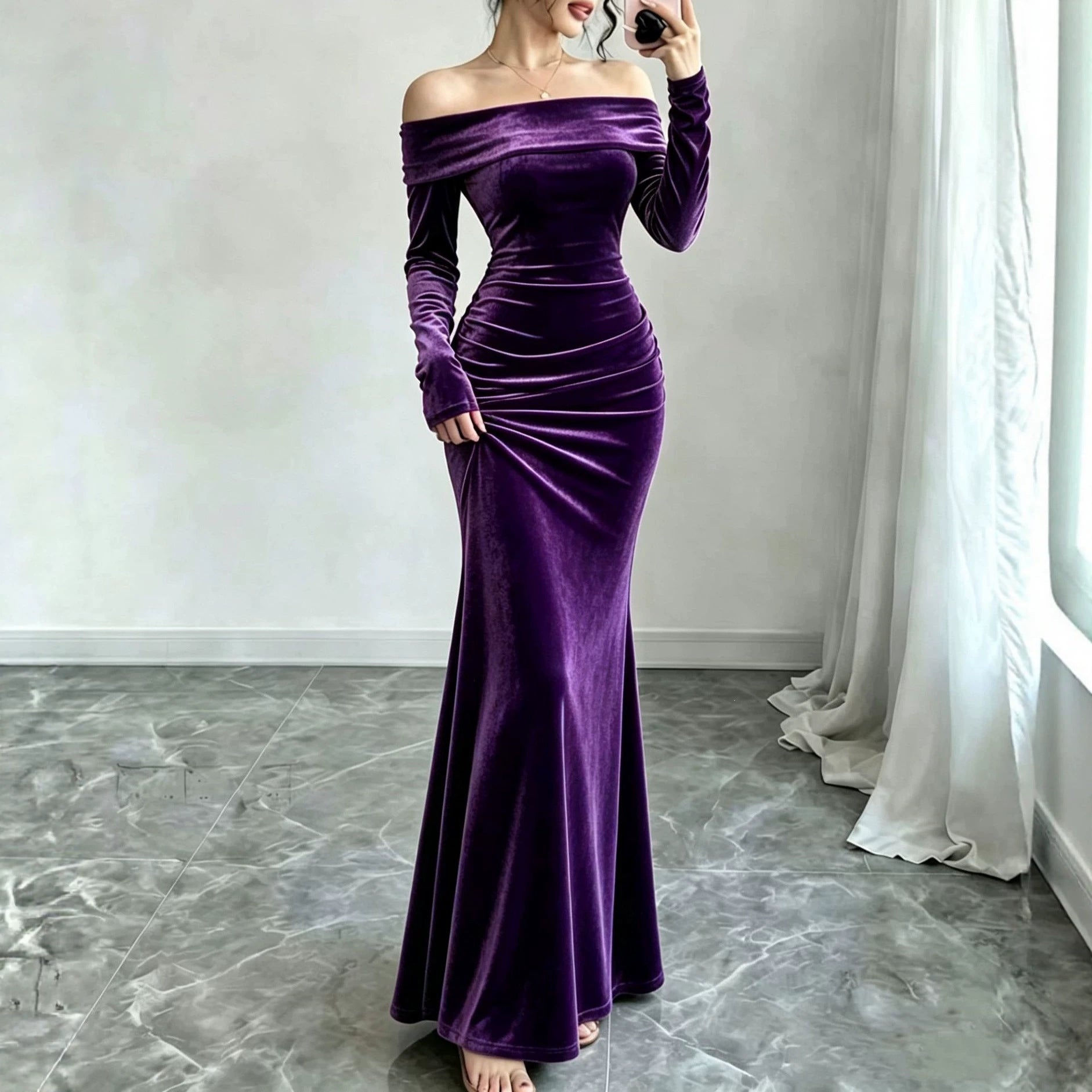 Velvet Maxi Dress with Off Shoulder Neckline — Long Sleeve Ruched Mermaid Gown