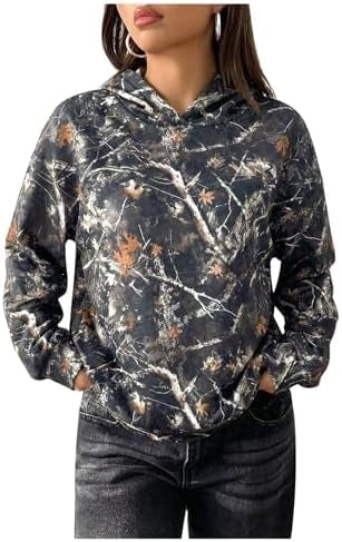 Women’s camo pullover hoodie with hood, long sleeves, navy and tan abstract camouflage