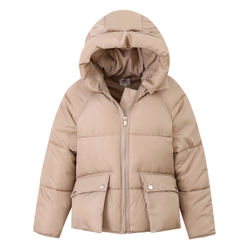 Women’s hooded puffer coat in light tan with full-zip front and snap flap pockets