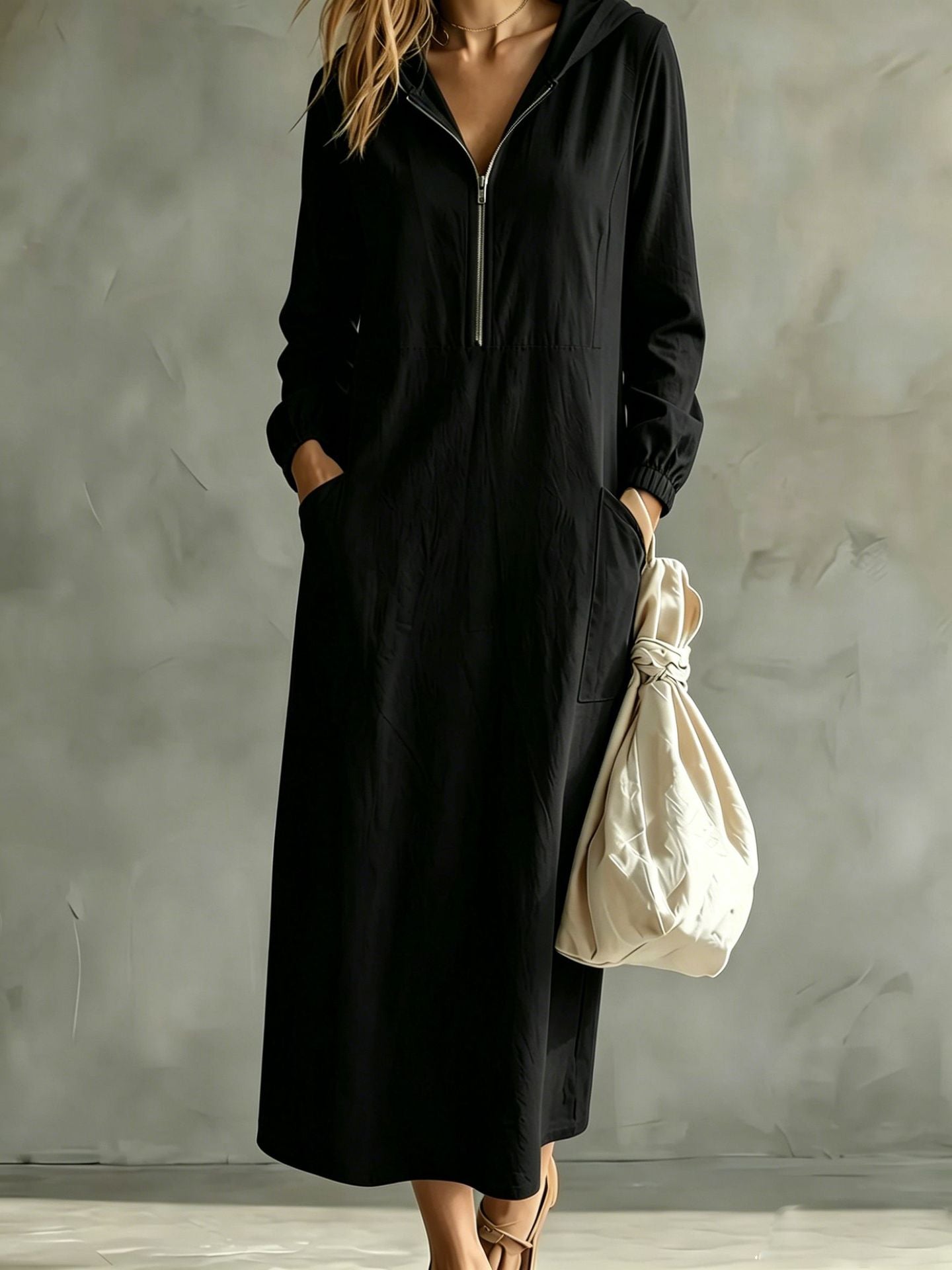 Long Sleeve Linen Maxi Dress — Casual Hooded Half Zip Style with Deep Side Pockets
