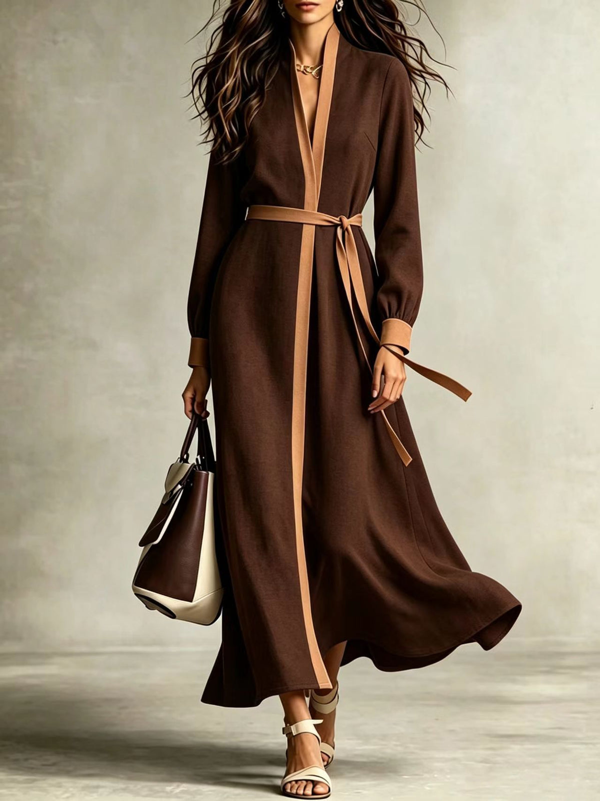 Brown women's V-neck tie-waist long-sleeve maxi dress with flowing skirt