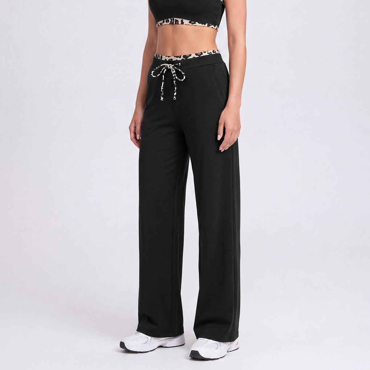 Women's straight-leg athletic pants, black with leopard-trim drawstring waistband