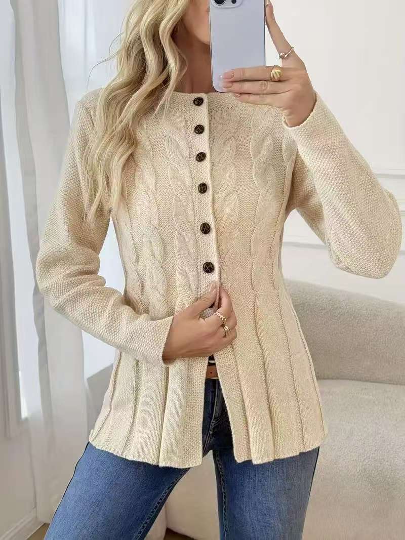 Cable Knit Cardigan for Women — Button Front with Flared Peplum Hem in Soft Wool