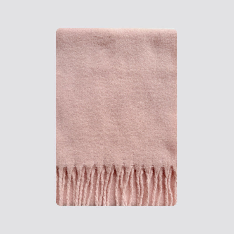Wool-blend tassel scarf, light pink, soft fabric with long fringed border