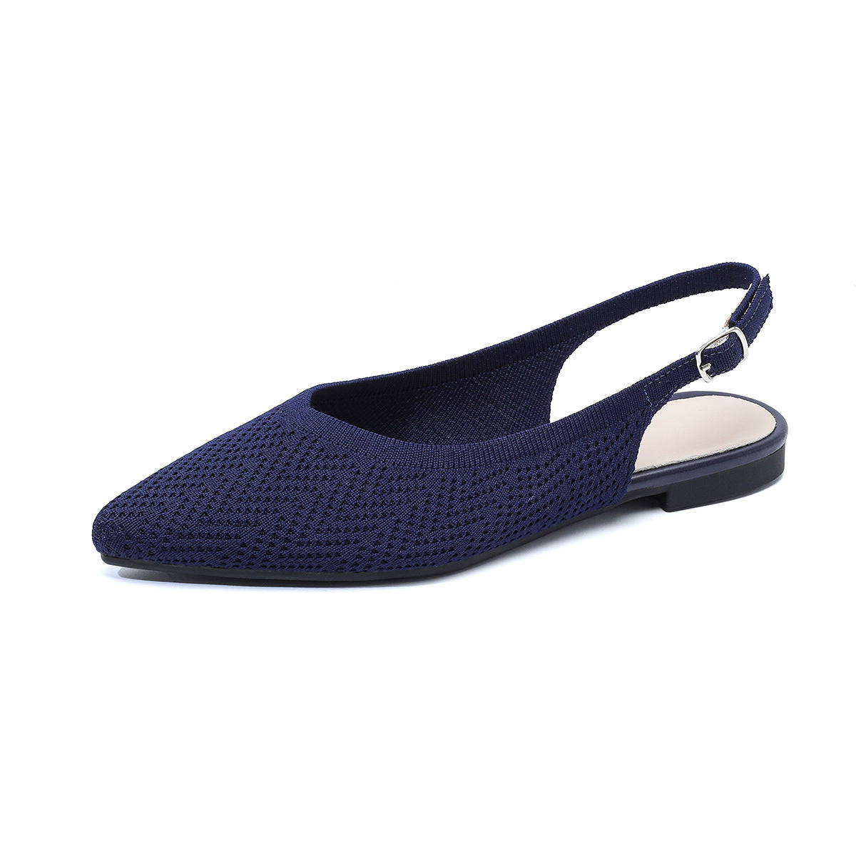 Navy blue netted woven pointed-toe slingback flats with low thick heel