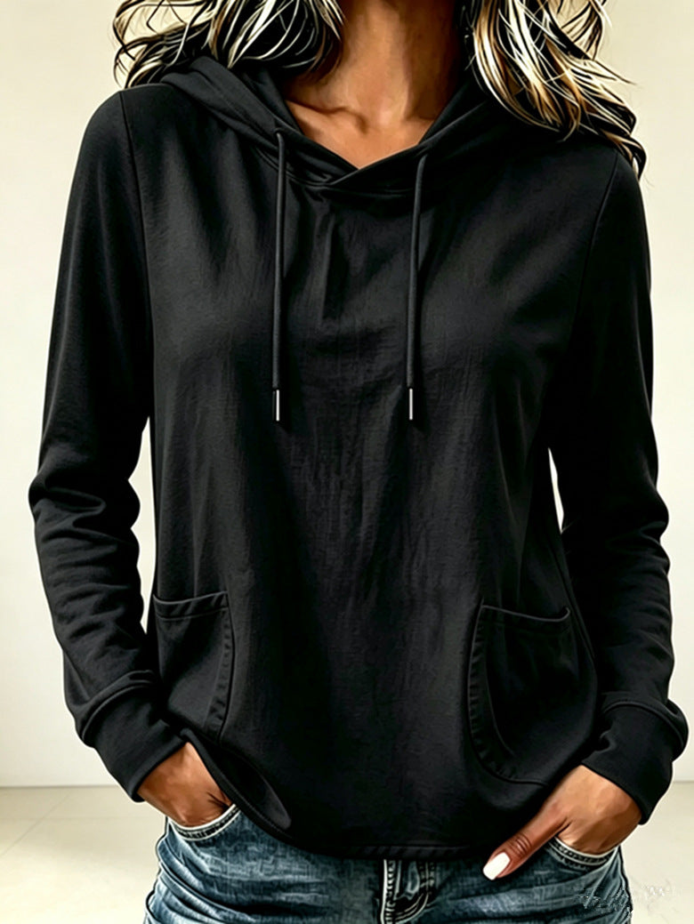 Black women's long-sleeve hooded sweatshirt with drawstring and kangaroo pocket