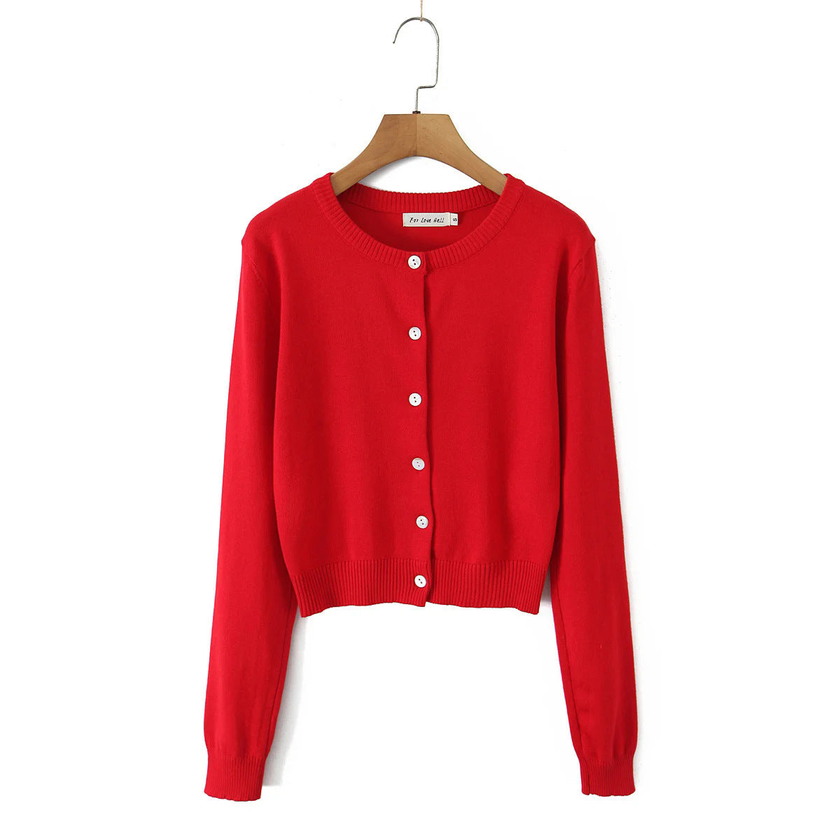 Red knit cardigan, round button placket, long sleeves