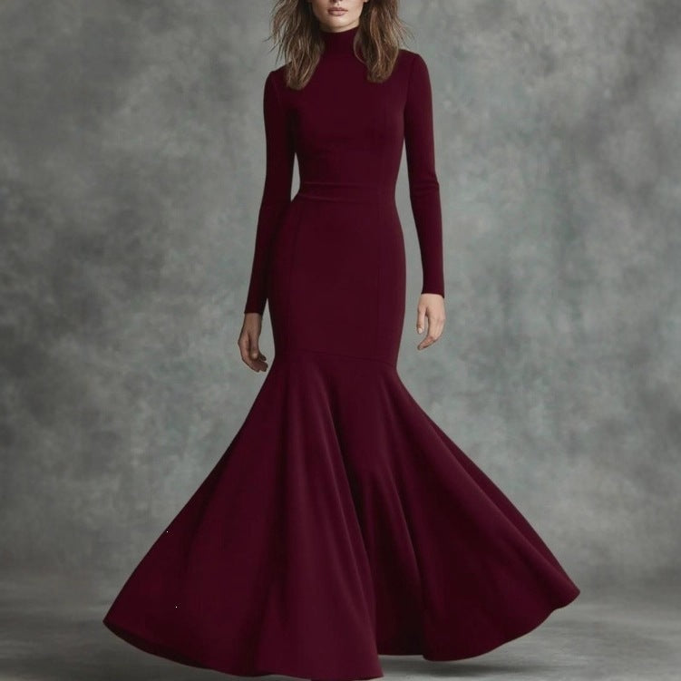 Mermaid Maxi Dress for Women — Long Sleeve Turtleneck Evening Gown in Jersey