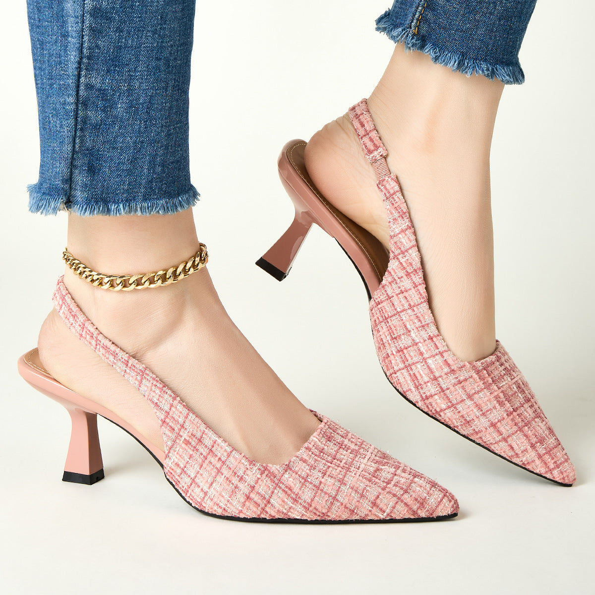 Pink tweed pointed-toe high heel sandals with back strap and gold chain ankle