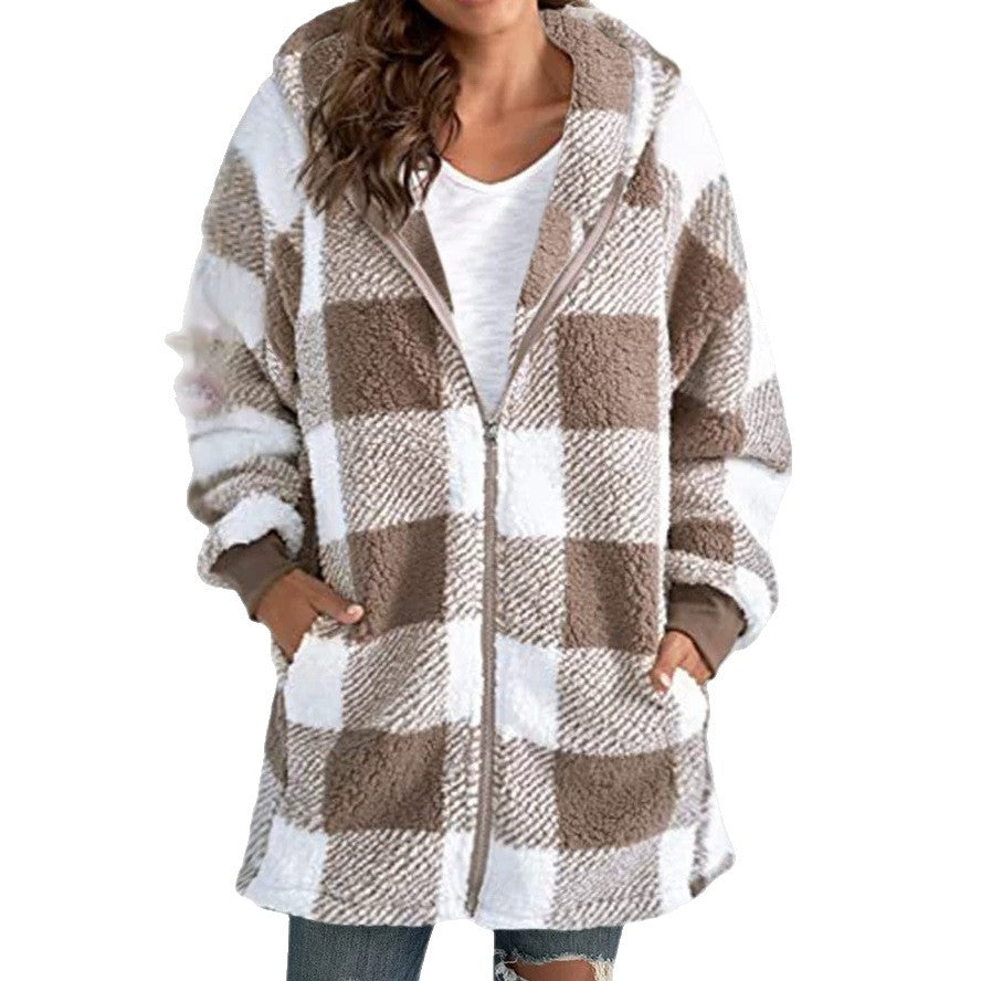 Women's plush plaid hooded zip-up jacket in tan and white, full zipper front