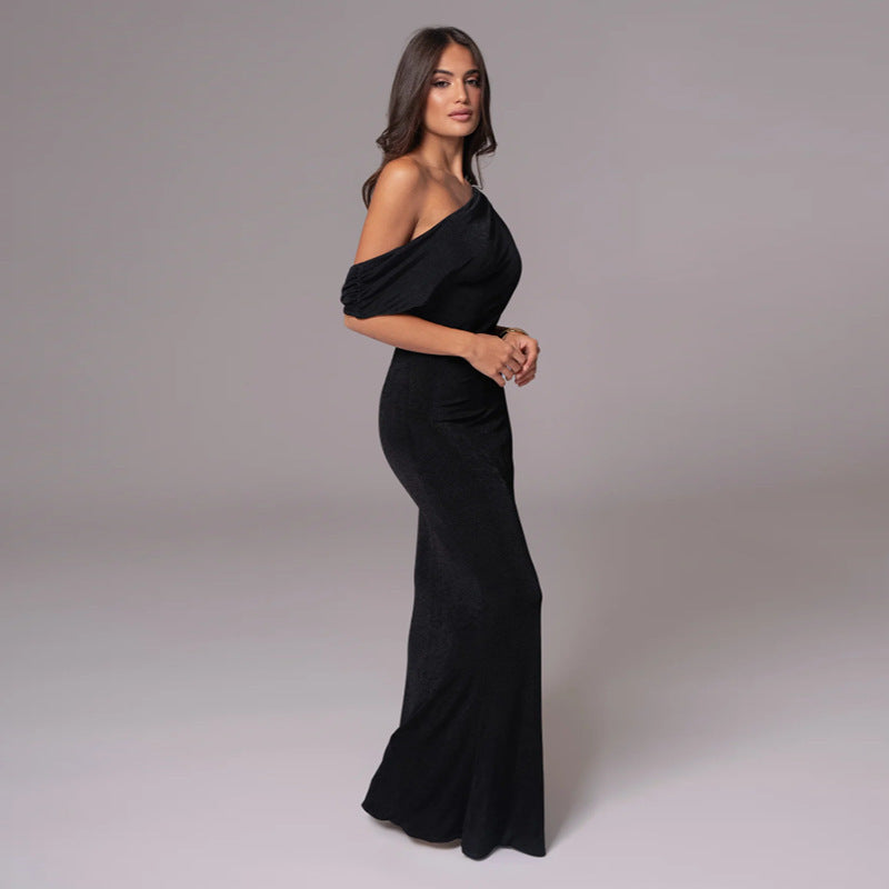 One Shoulder Maxi Dress for Wedding Guests — Draped Asymmetric Column in Jersey