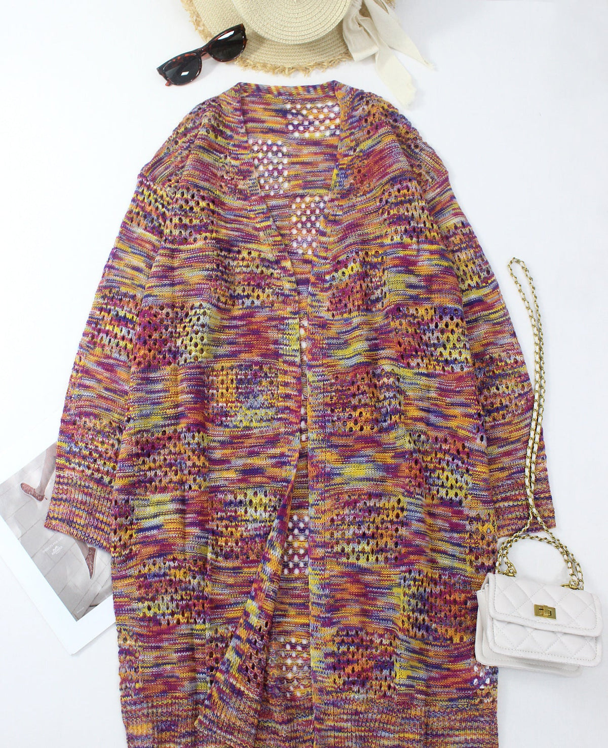 Women’s multicolor knit cardigan sweater, full back view with open-front design
