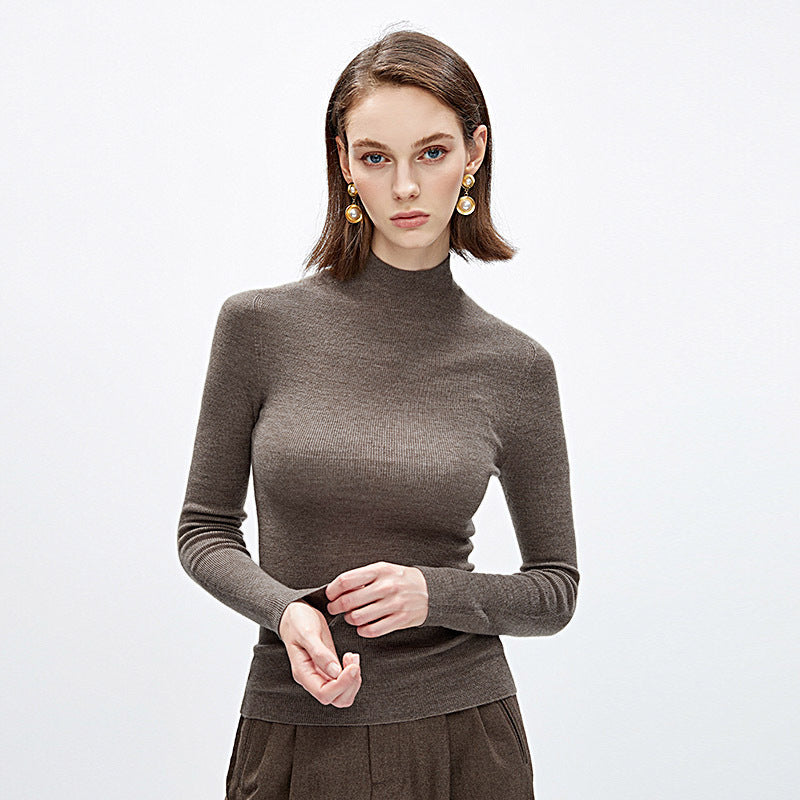 Merino wool turtleneck knit sweater, dark gray, long sleeves, semi-high collar