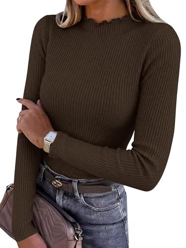Mock Neck Top for Women — Fitted Ribbed Long Sleeve Knit with Lettuce Trim in Viscose