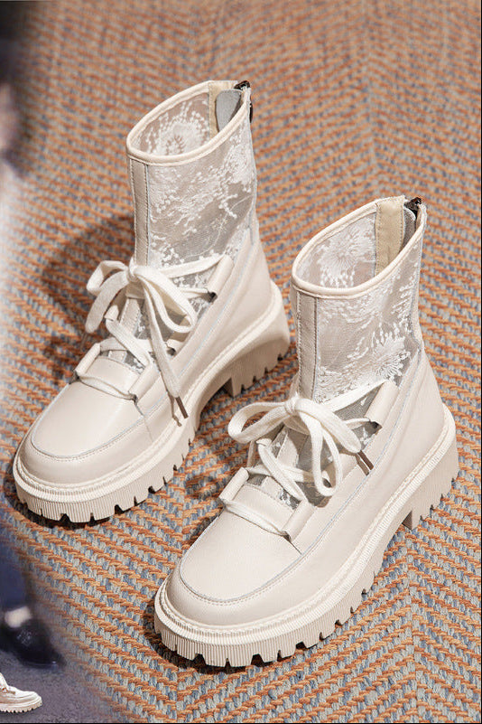 White lace-up ankle boots with chunky sole and mesh-look lace-up uppers