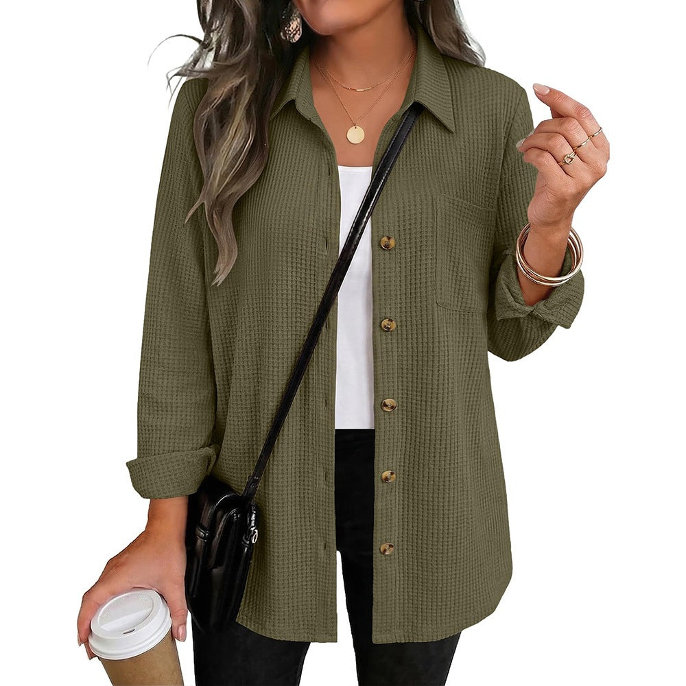 Women's waffle-knit button-up shirt, long sleeves, army green