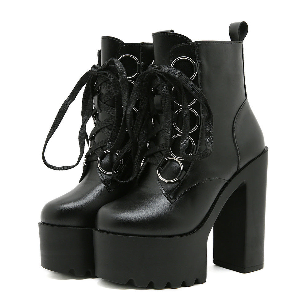 Lace Up Platform Boots for Women — Chunky Block Heel with O Ring Eyelets in Faux Leather