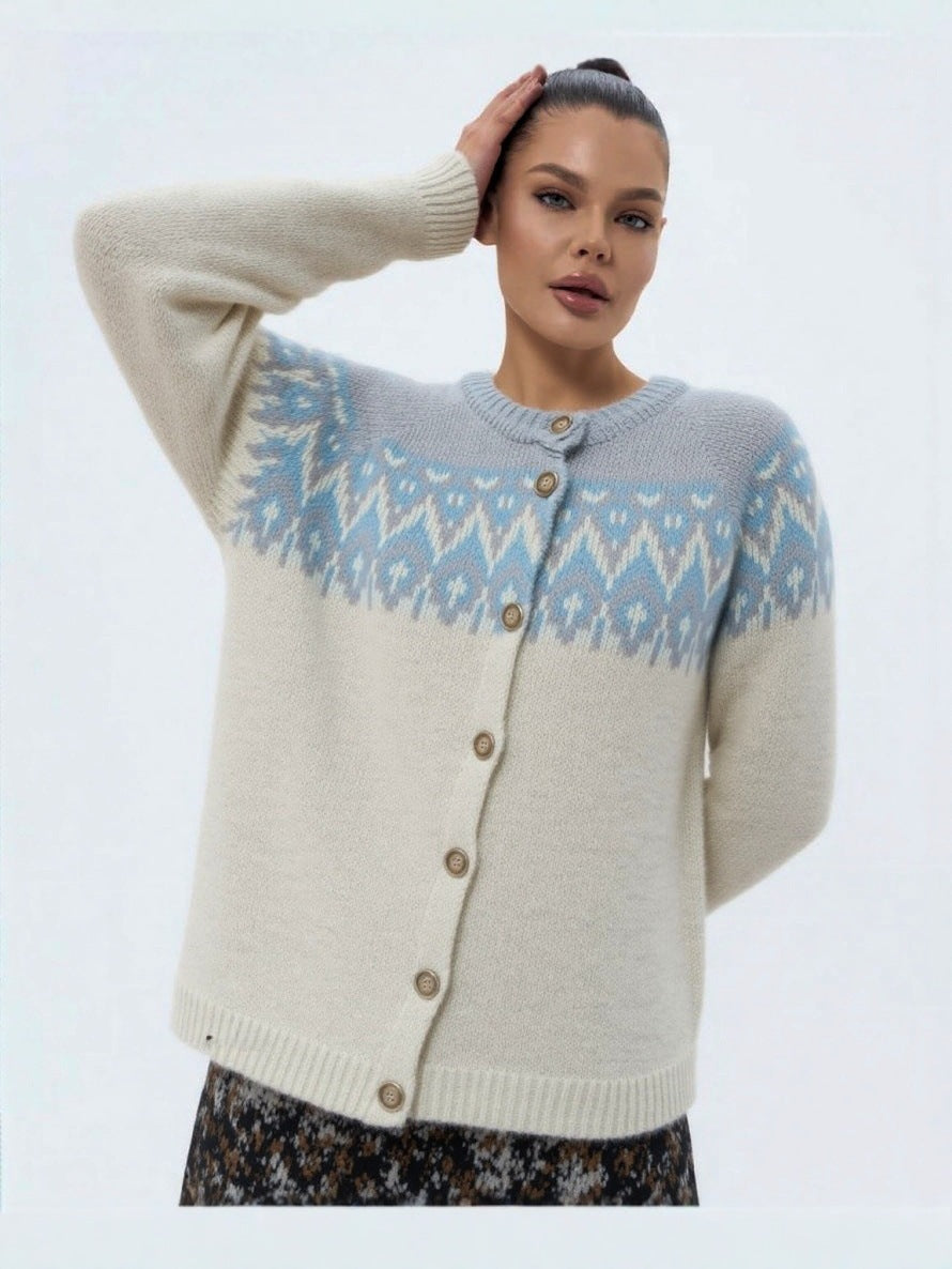 Cream Fair Isle yoke cardigan sweater with long sleeves and button front