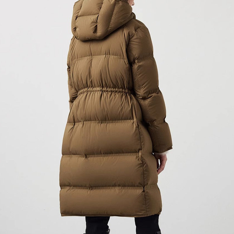 Women's hooded goose down puffer coat with cinched waist, mid-length, tan, side view