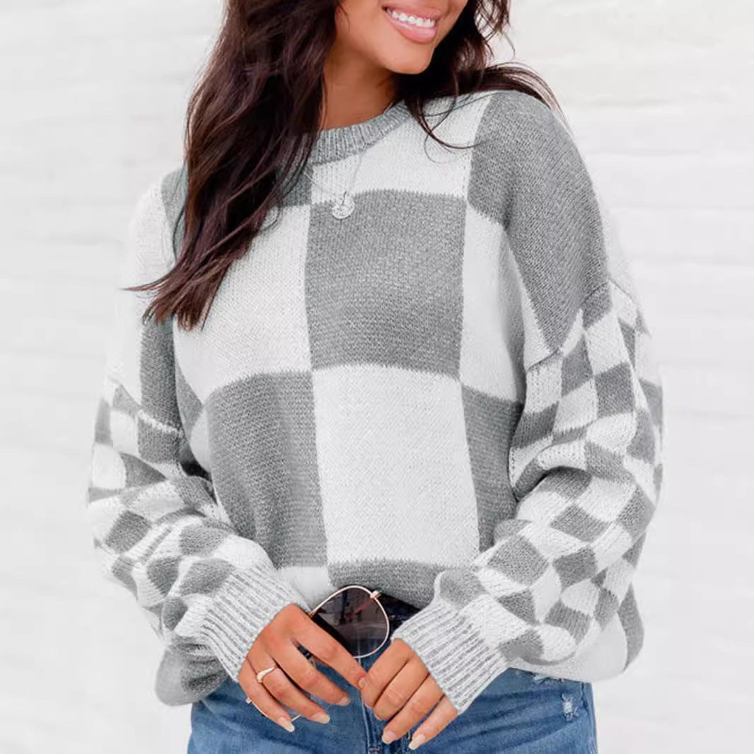 Checkered Knit Sweater for Women — Oversized Crew Neck Pullover with Balloon Sleeves in Brushed Wool