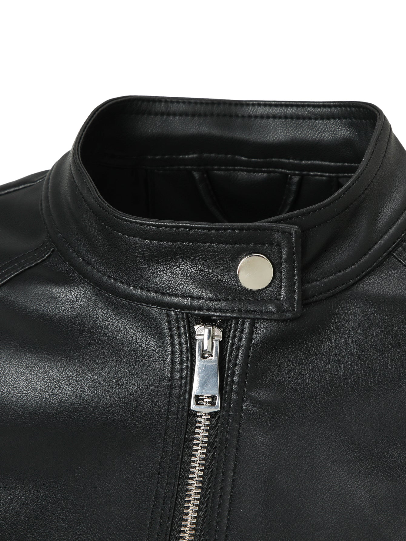 Black stand-collar faux leather moto jacket close-up with snap and front zipper