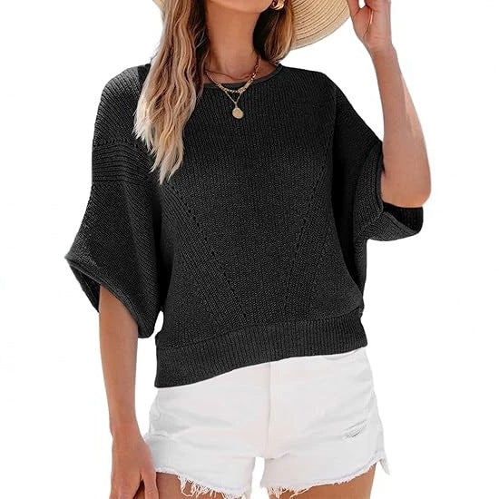 Black women’s knit pullover sweater with round neck and short batwing sleeves