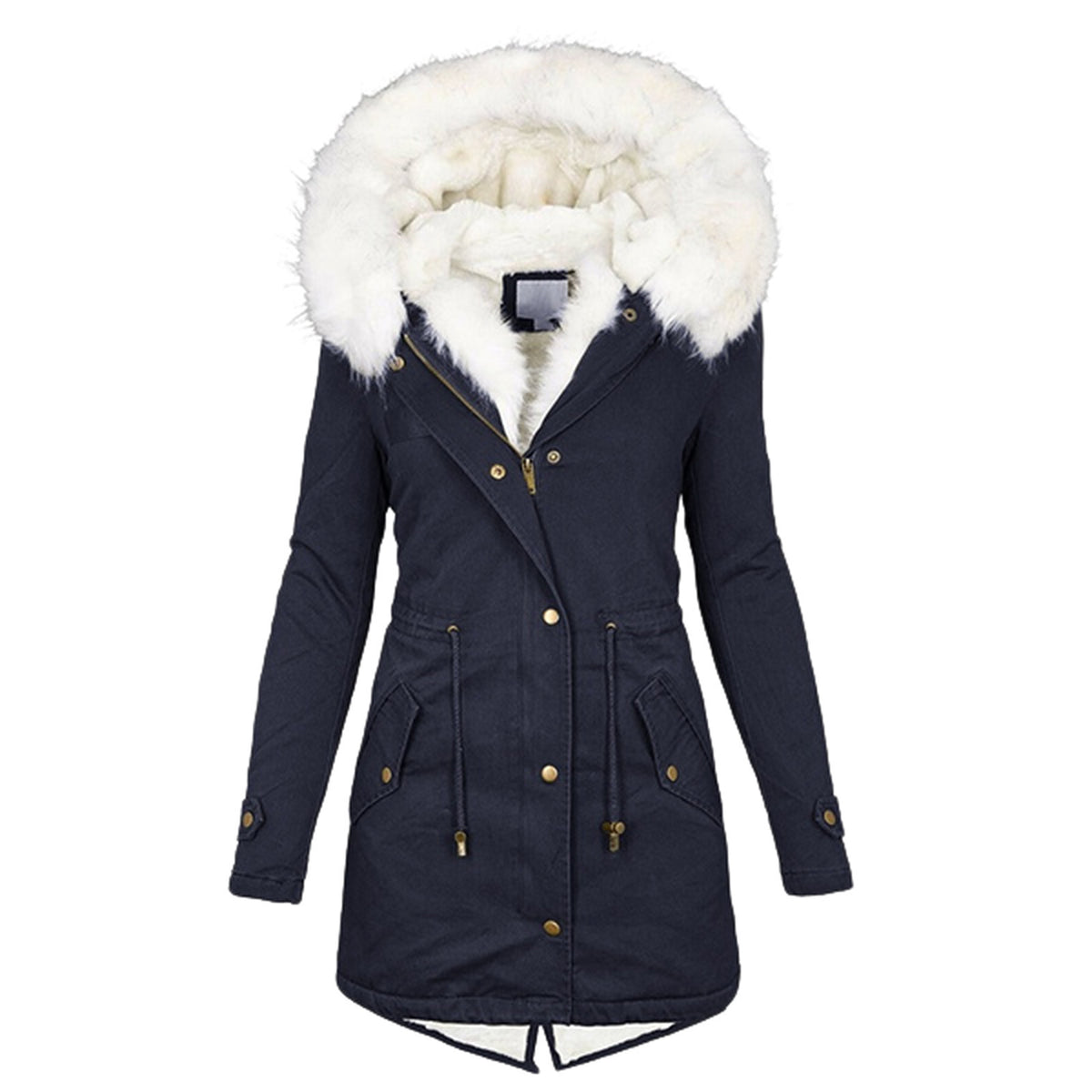 Mid-length hooded parka coat with white faux fur trim, navy, front button placket