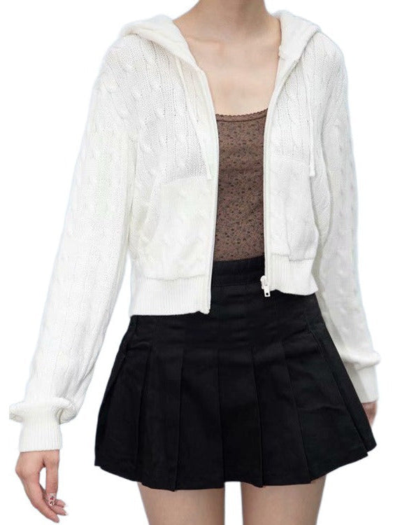 White cropped cable-knit zip-up hoodie with hood and front pockets