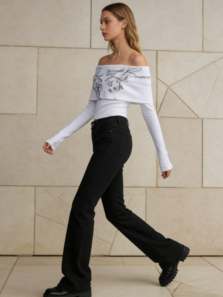Long Sleeve Off Shoulder Top — Fitted Bardot Fold Over Style with Script Print in Ribbed Knit