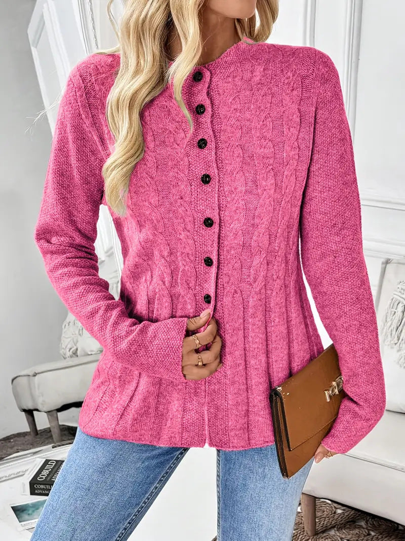 Cable Knit Cardigan for Women — Button Front with Flared Peplum Hem in Soft Wool