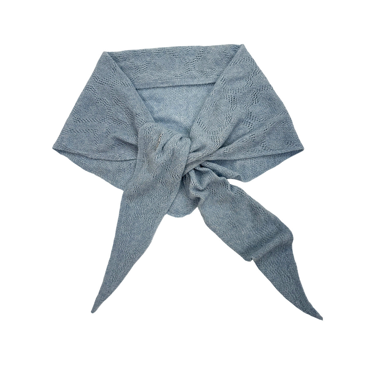 Blue triangle knit scarf shawl with center knot and two pointed tails