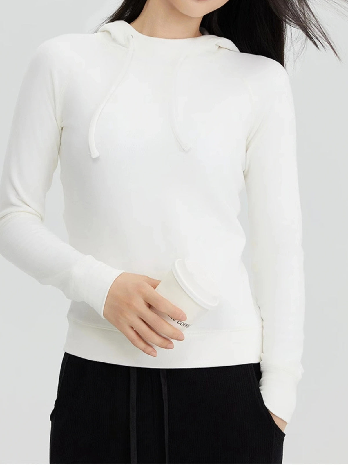 Off-white velvet hoodie for women with adjustable drawstring hood and long sleeves
