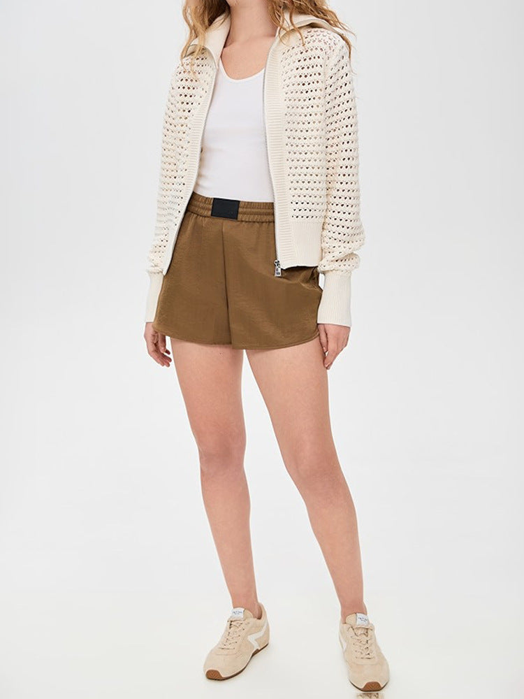 Open Knit Zip Up Cardigan for Women — Collared Eyelet Sweater Jacket in Soft Cotton