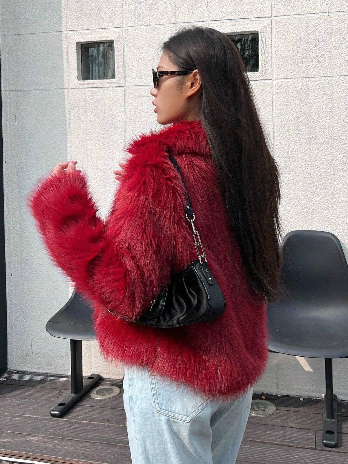 Red faux fur cropped jacket with bold shag texture, open front