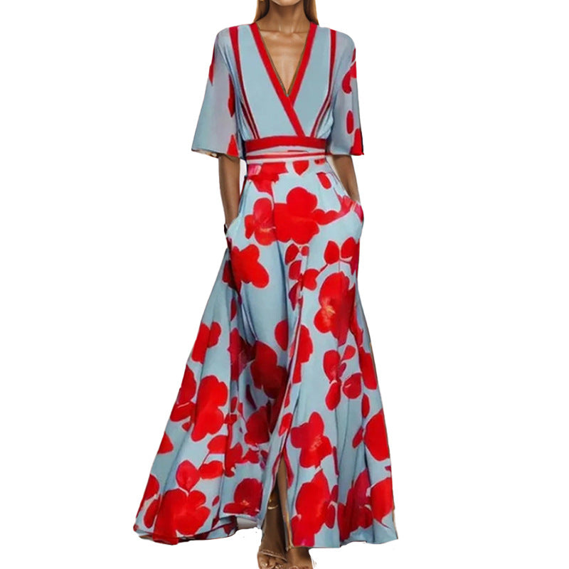 Floral maxi dress in light blue with red applique, deep V-neck, half sleeves