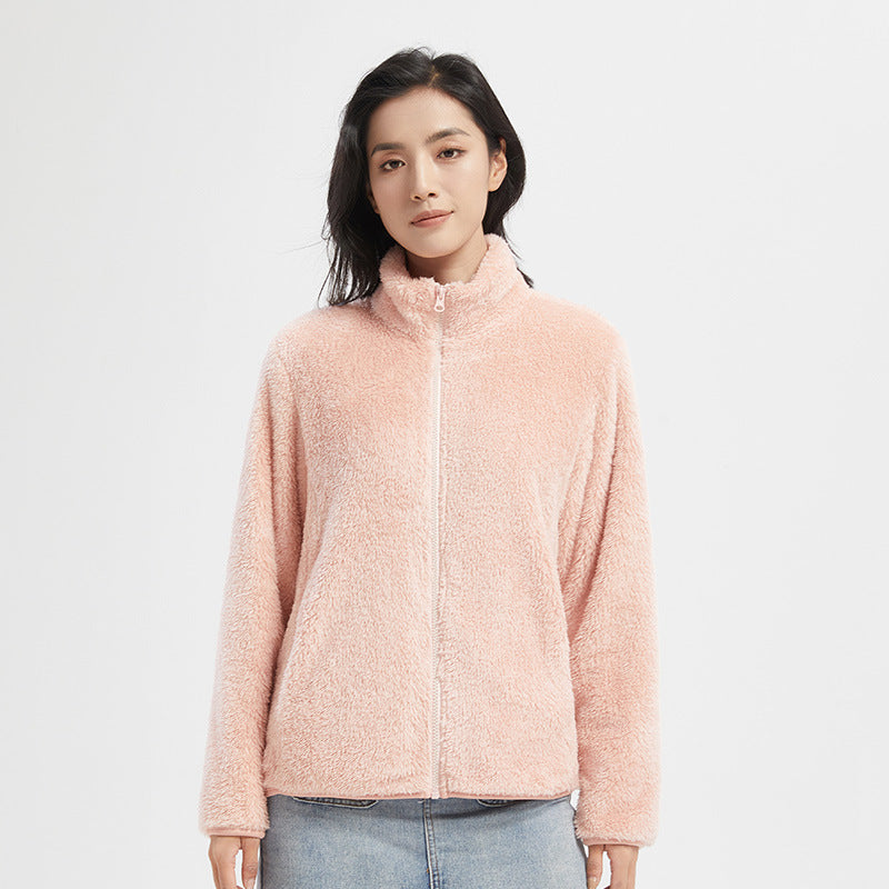 Women’s fleece-lined zip jacket in peach pink with stand collar