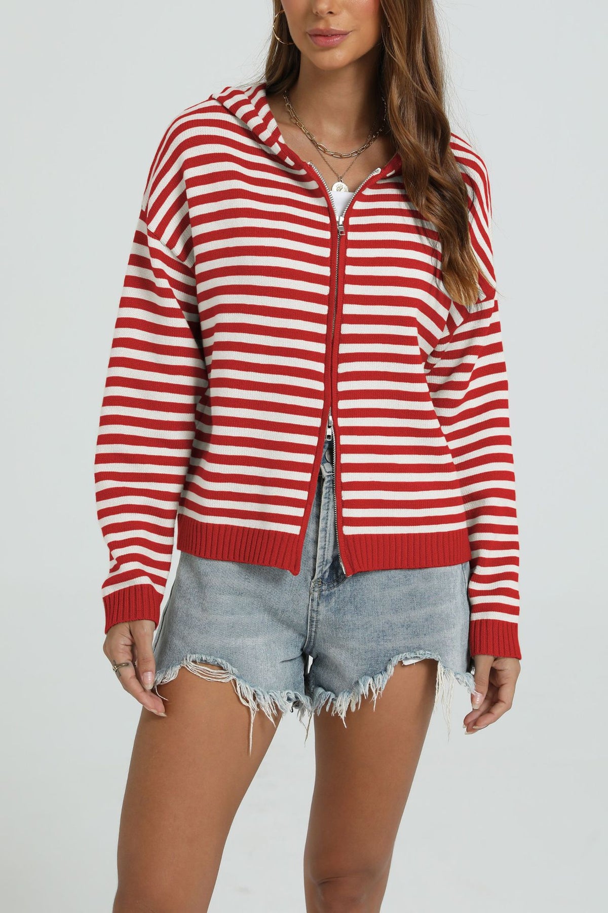 Red striped hooded knit zip cardigan with ribbed cuffs and hem