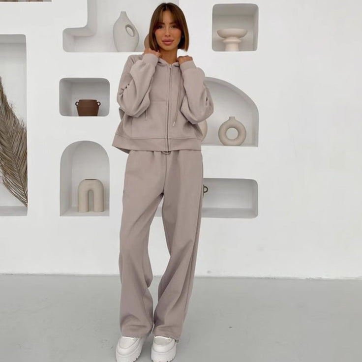 Women's light-gray zip-hooded jacket and straight jogger pants set with drawstring waist