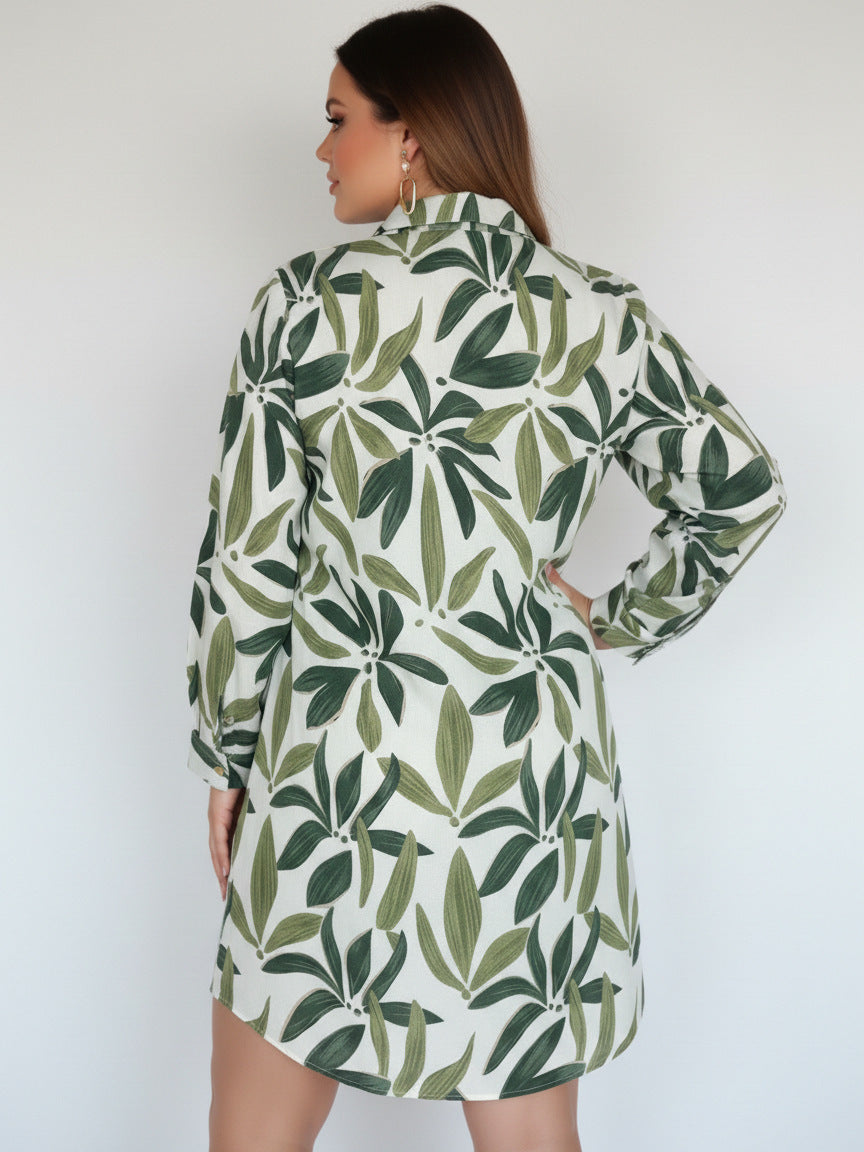 Green and white leaf printed long-sleeve shirt dress with button front, rear view