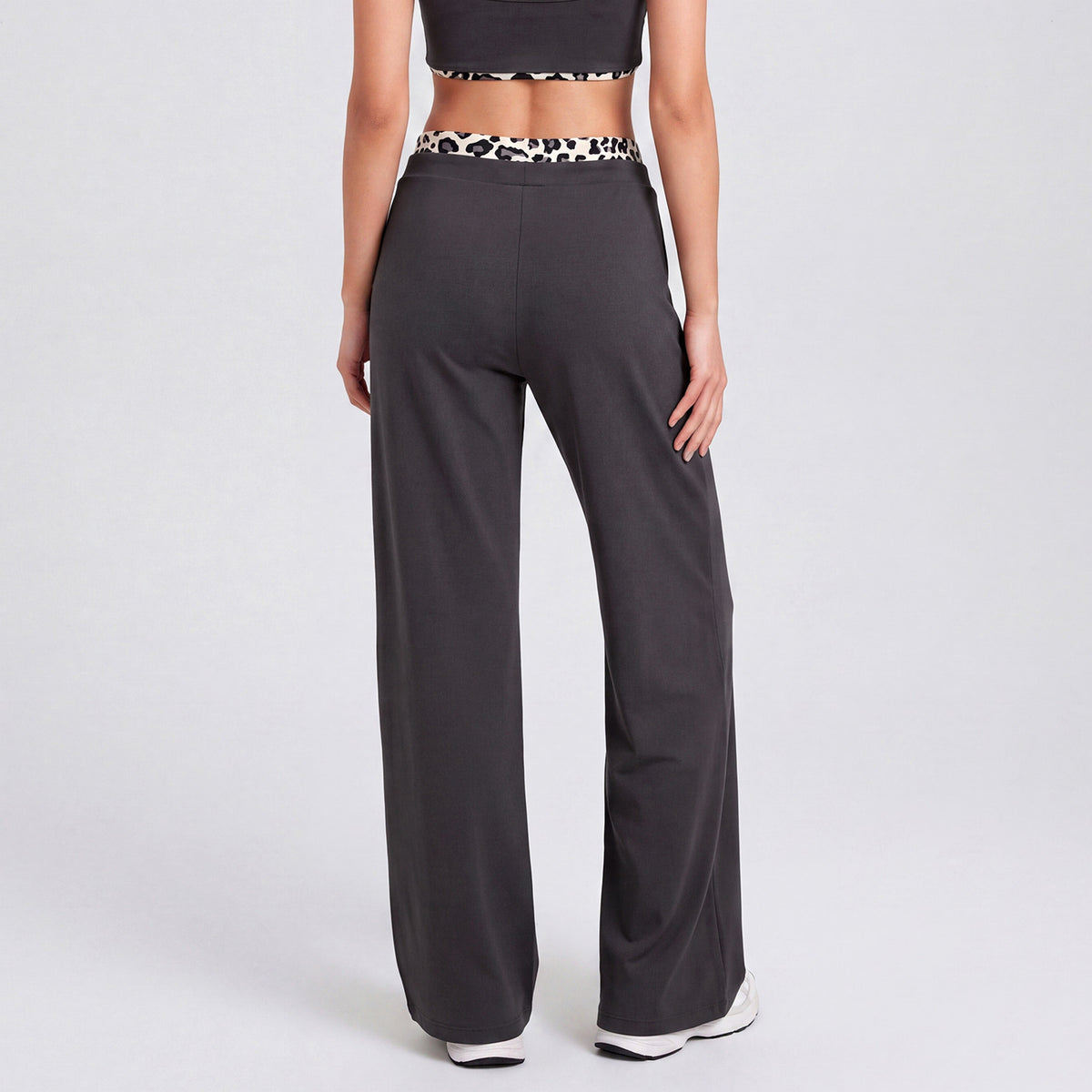 Women's straight-leg athletic pants, dark gray with leopard-trim drawstring waistband