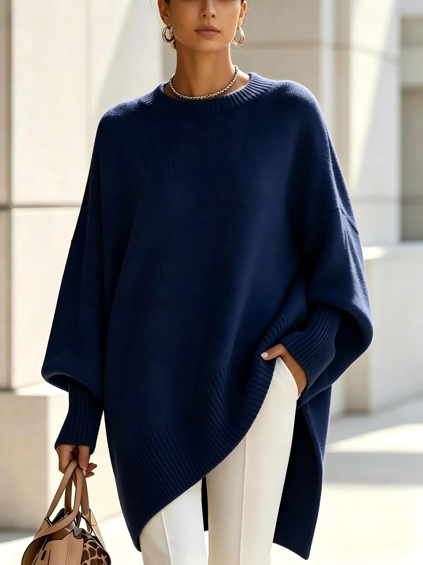 Oversized Sweater for Women — Batwing Sleeve Knit Pullover with Asymmetric Hem in Merino Wool