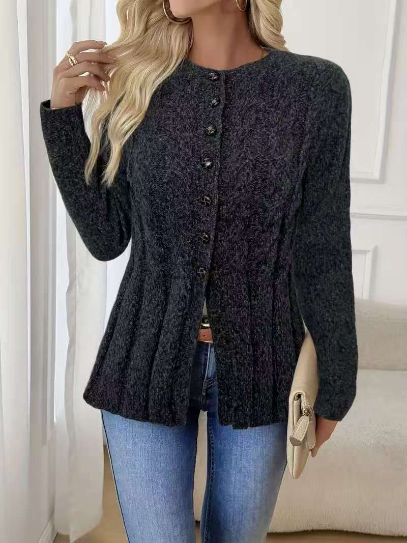 Cable Knit Cardigan for Women — Button Front with Flared Peplum Hem in Soft Wool