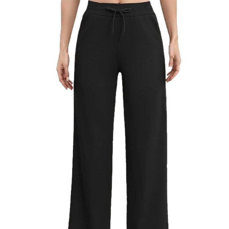 Black high-waist wide-leg sports pants with center-front drawstring