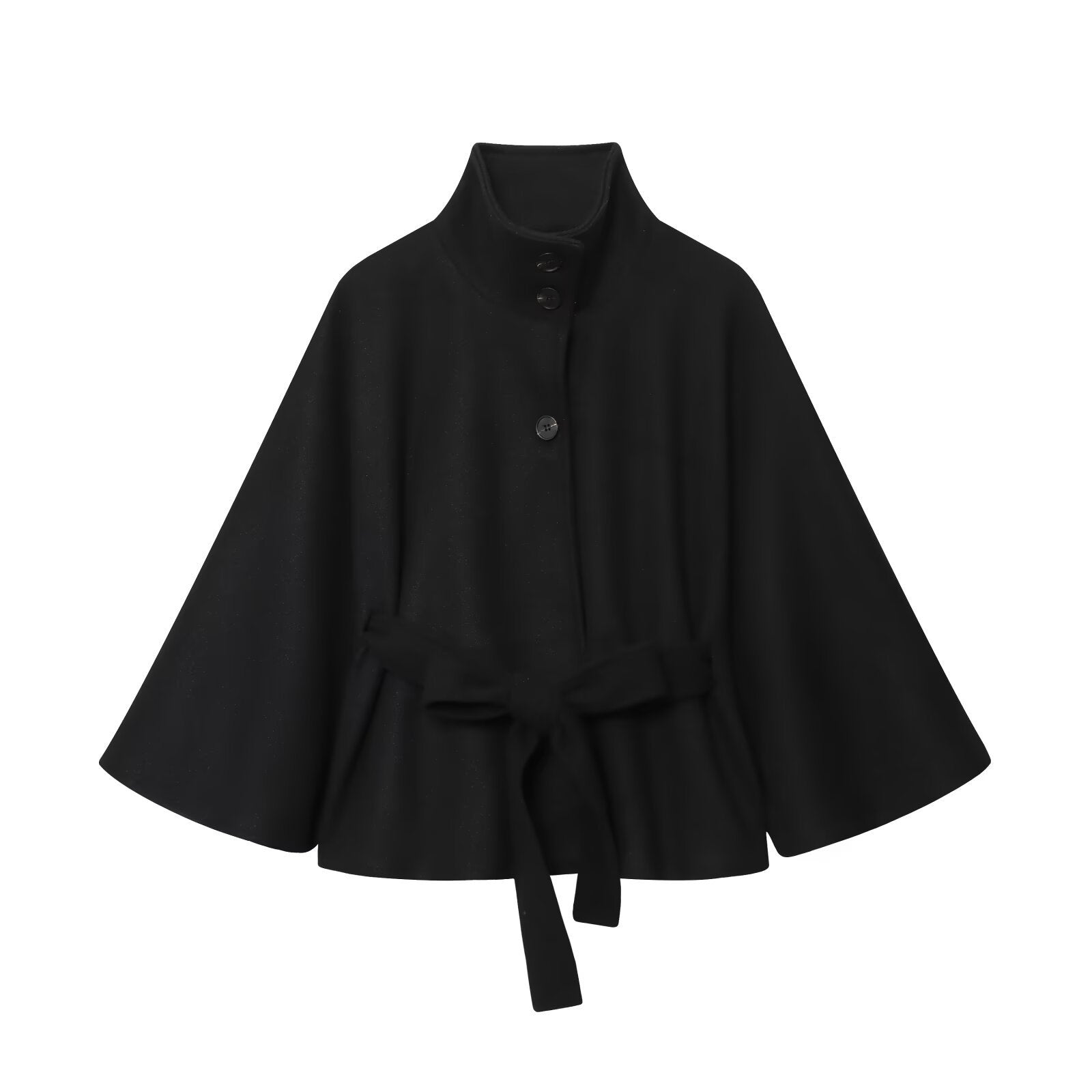 Black high-neck cape-style wool coat with button front and waist tie